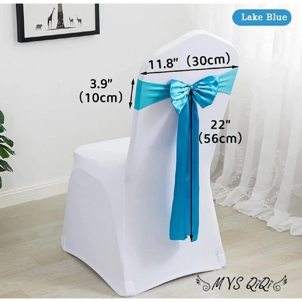 Pack‎ of 100 Spandex Chair Bands Blue Satin Bow Sashes Wedding Event NIB